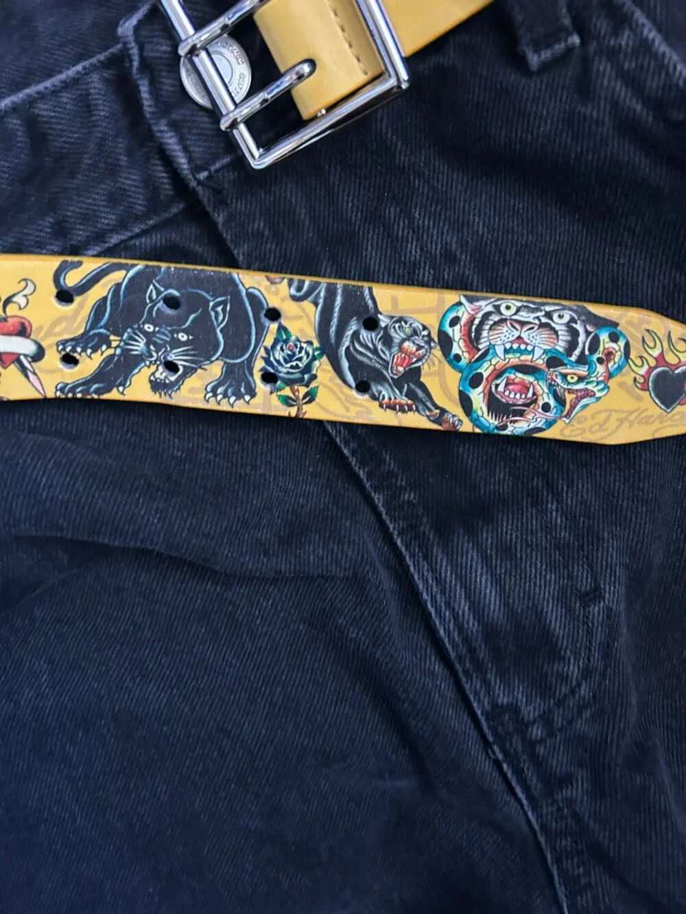 Ed Hardy Studded Tattoo Graphic Leather Belt